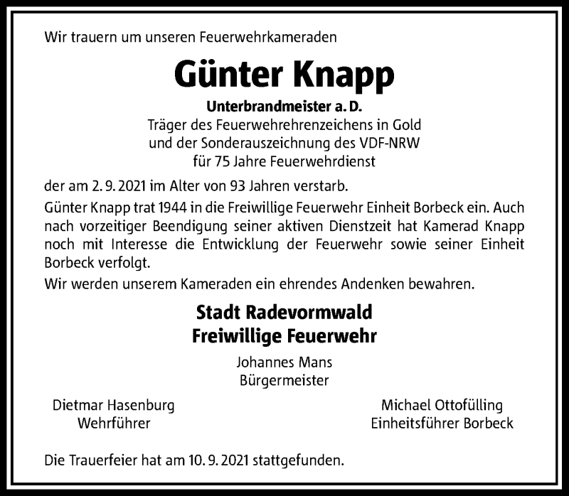 Traueranzeige für Günter Knapp vom 11.09.2021 aus Rheinische Post