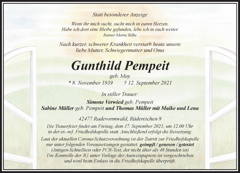  Traueranzeige für Gunthild Pempeit vom 14.09.2021 aus Rheinische Post