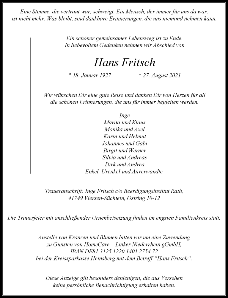  Traueranzeige für Hans Fritsch vom 04.09.2021 aus Rheinische Post