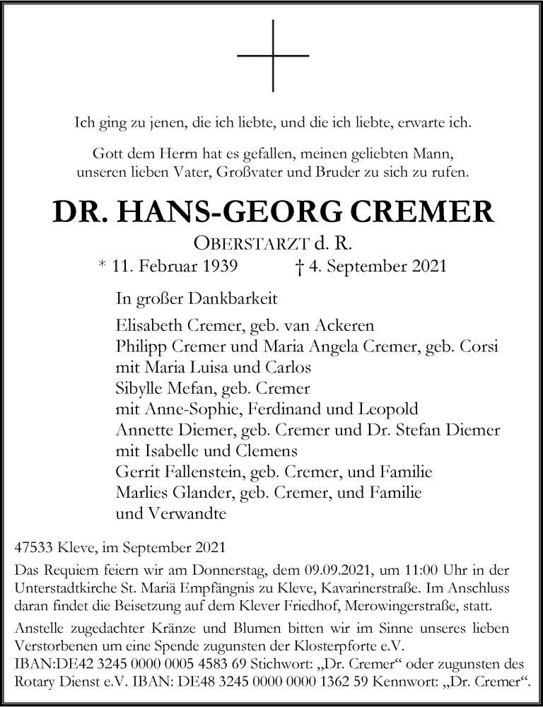  Traueranzeige für Hans-Georg Cremer vom 07.09.2021 aus Rheinische Post