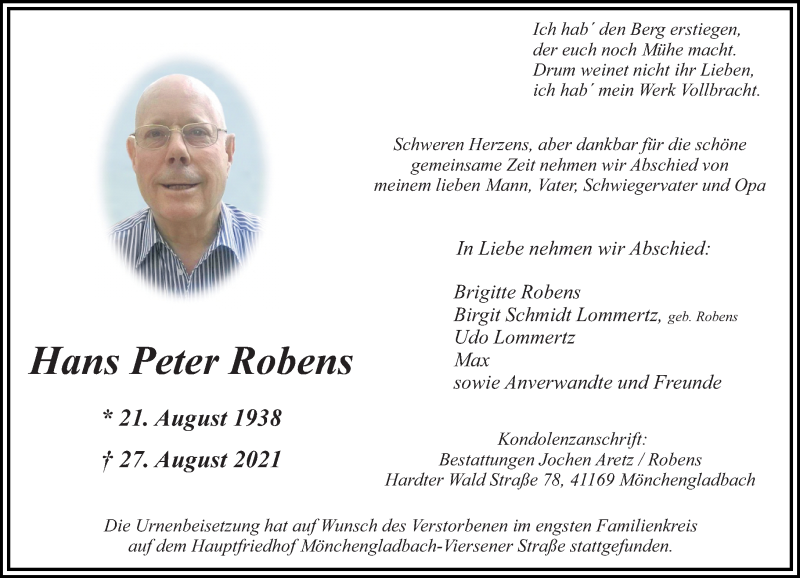  Traueranzeige für Hans Peter Robens vom 11.09.2021 aus Rheinische Post