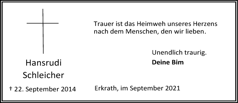  Traueranzeige für Hansrudi Schleicher vom 22.09.2021 aus Rheinische Post