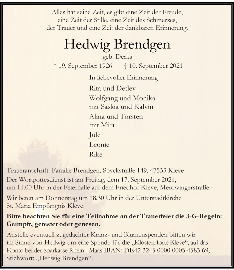 Traueranzeige für Hedwig Brendgen vom 15.09.2021 aus Rheinische Post