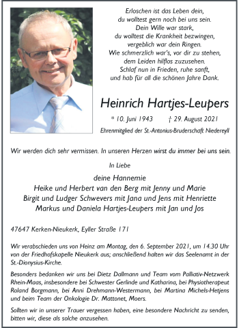 Traueranzeige von Heinrich Hartjes-Leupers von Rheinische Post