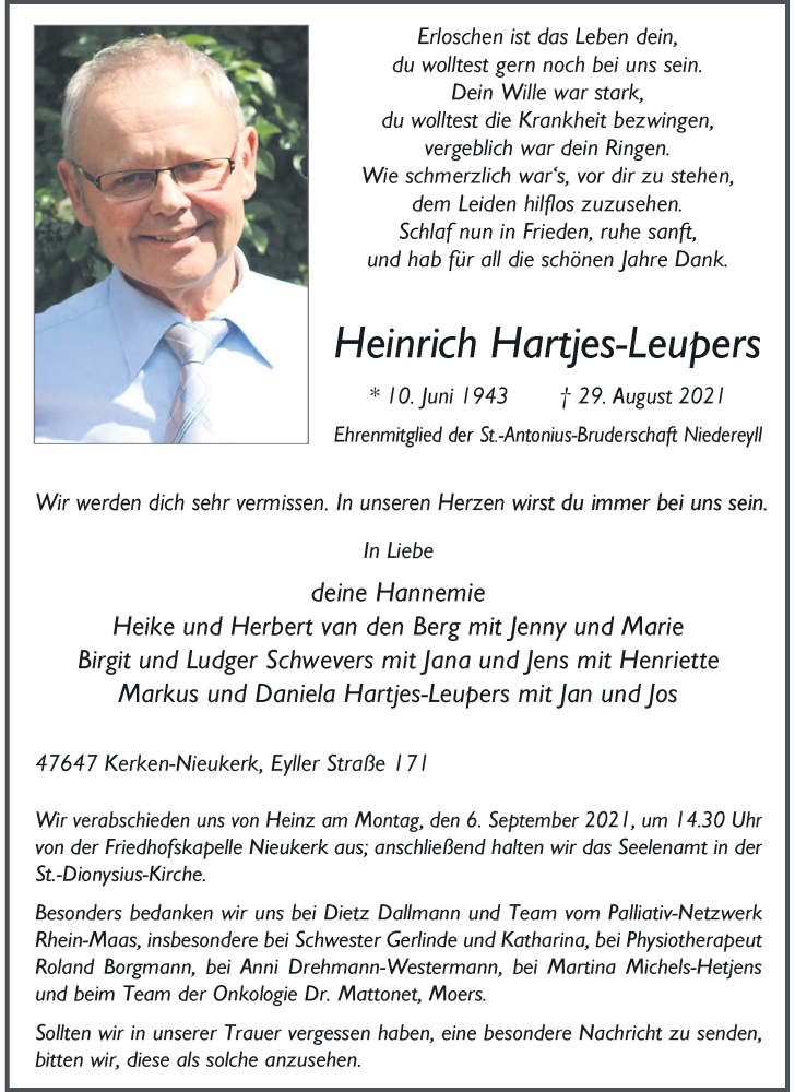  Traueranzeige für Heinrich Hartjes-Leupers vom 01.09.2021 aus Rheinische Post