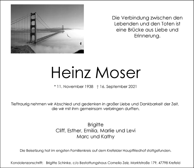  Traueranzeige für Heinz Moser vom 02.10.2021 aus Rheinische Post