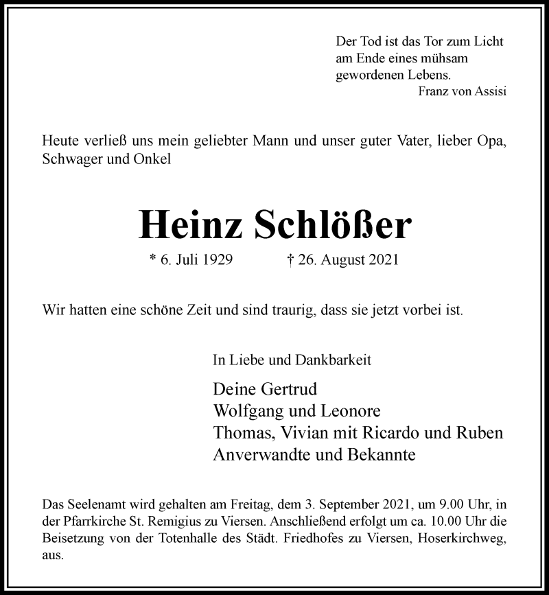  Traueranzeige für Heinz Schlößer vom 01.09.2021 aus Rheinische Post