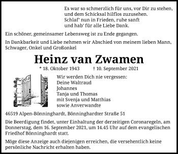 Traueranzeige von Heinz van Zwamen von Rheinische Post