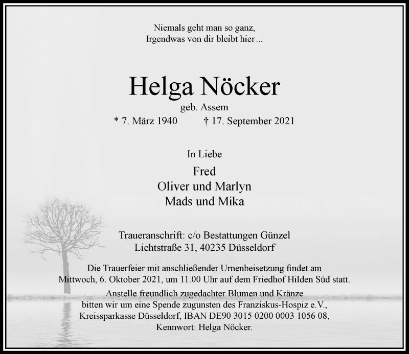  Traueranzeige für Helga Nöcker vom 25.09.2021 aus Rheinische Post