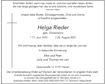 Traueranzeige von Helga Rieder von Rheinische Post