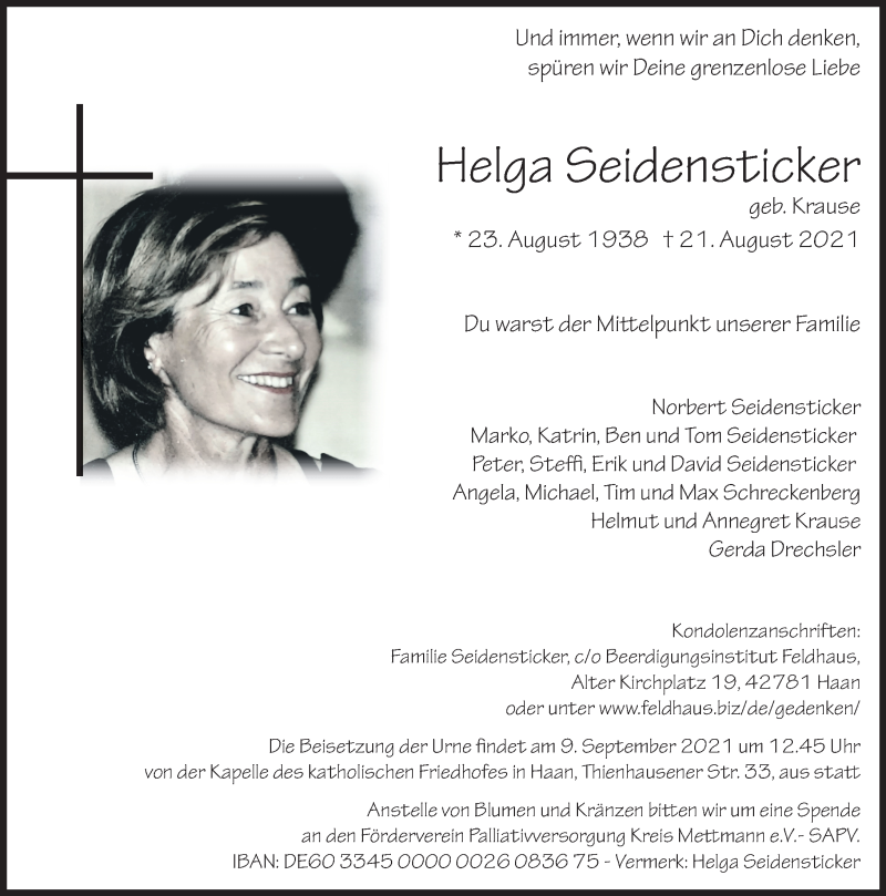 Traueranzeige für Helga Seidensticker vom 04.09.2021 aus Rheinische Post