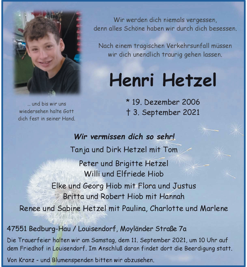  Traueranzeige für Henri Hetzel vom 08.09.2021 aus Rheinische Post