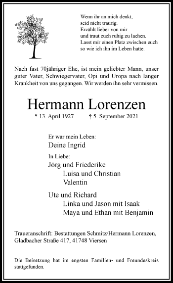 Traueranzeige von Hermann Lorenzen von Rheinische Post