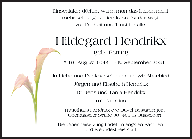  Traueranzeige für Hildegard Hendrikx vom 11.09.2021 aus Rheinische Post