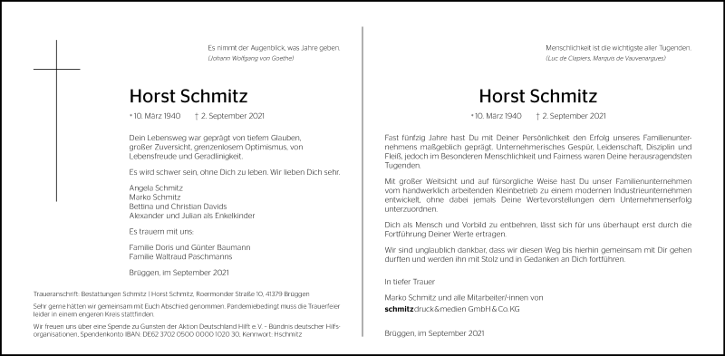 Traueranzeige für Horst Schmitz vom 04.09.2021 aus Rheinische Post