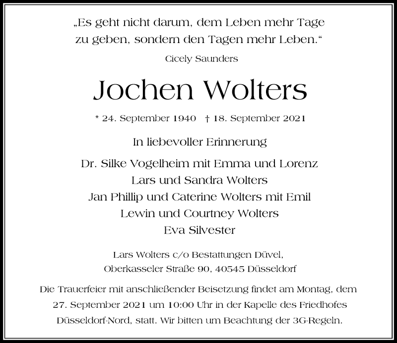  Traueranzeige für Jochen Wolters vom 25.09.2021 aus Rheinische Post
