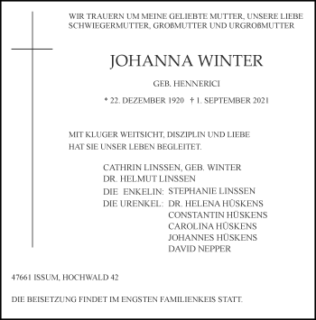 Traueranzeige von Johanna Winter von Rheinische Post