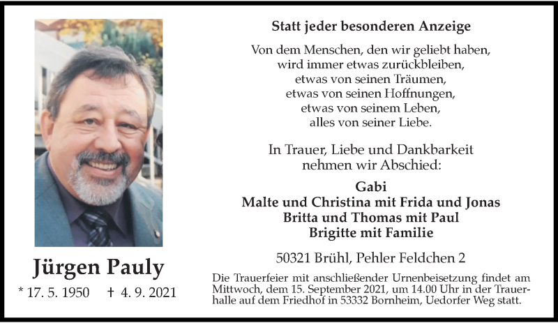  Traueranzeige für Jürgen Pauly vom 11.09.2021 aus Rheinische Post