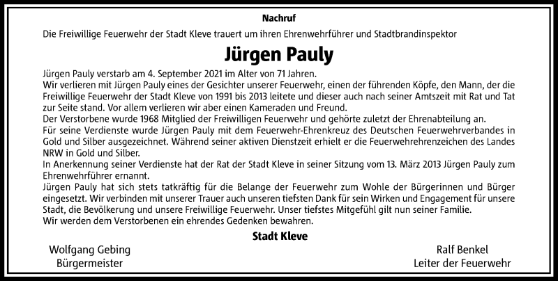  Traueranzeige für Jürgen Pauly vom 21.09.2021 aus Rheinische Post