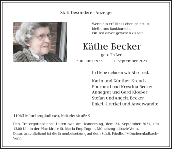 Traueranzeige von Käthe Becker von Rheinische Post
