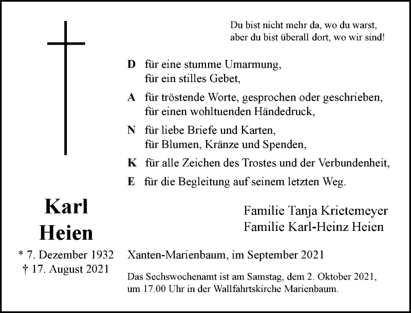  Traueranzeige für Karl Heien vom 25.09.2021 aus Rheinische Post