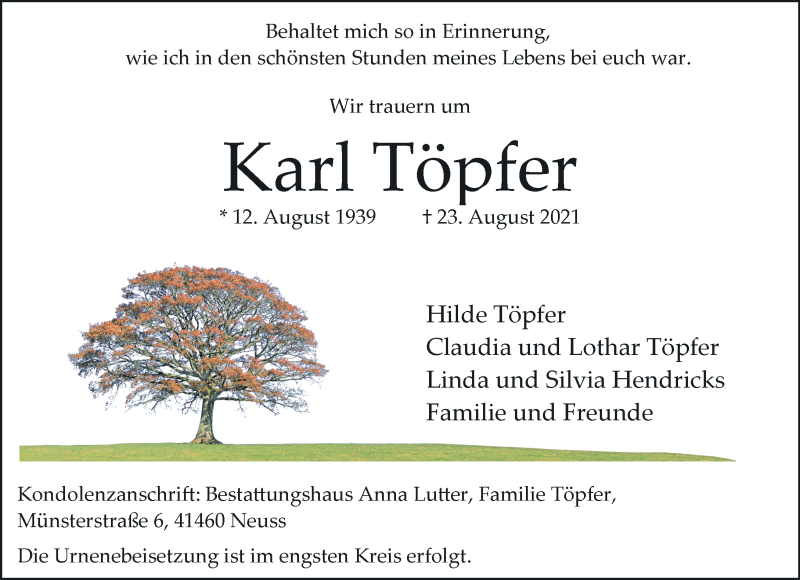  Traueranzeige für Karl Töpfer vom 11.09.2021 aus Rheinische Post