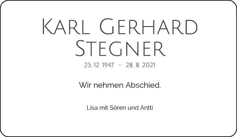  Traueranzeige für Karl Gerhard Stegner vom 04.09.2021 aus Rheinische Post