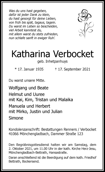Traueranzeige von Katharina Verbocket von Rheinische Post