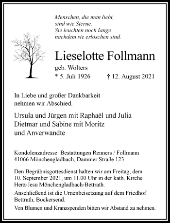 Traueranzeige von Lieselotte Follmann von Rheinische Post