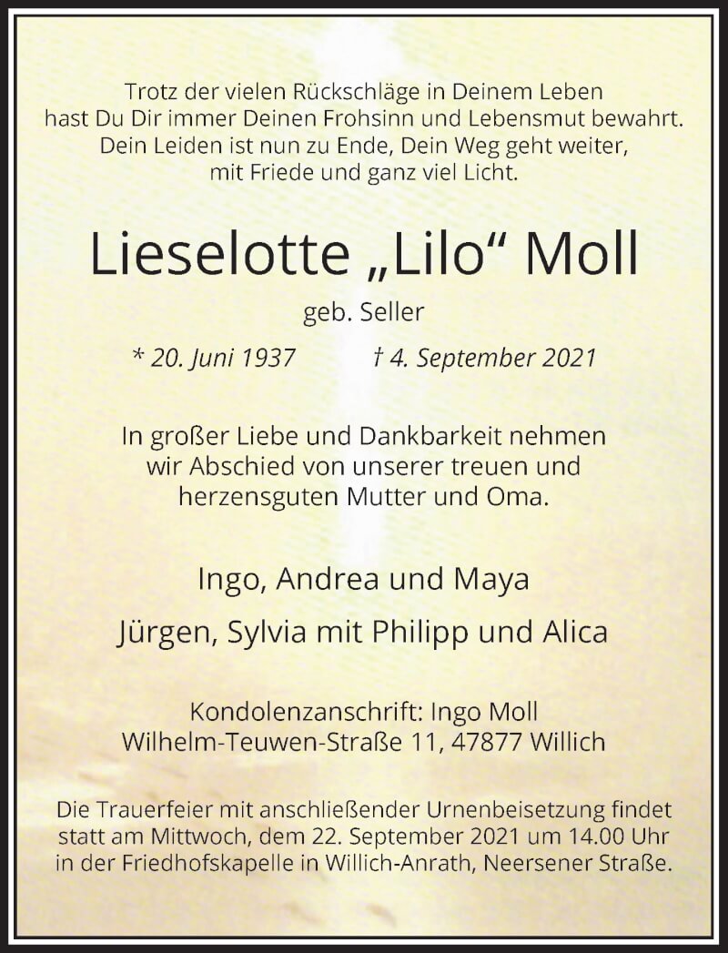  Traueranzeige für Lieselotte Moll vom 18.09.2021 aus Rheinische Post