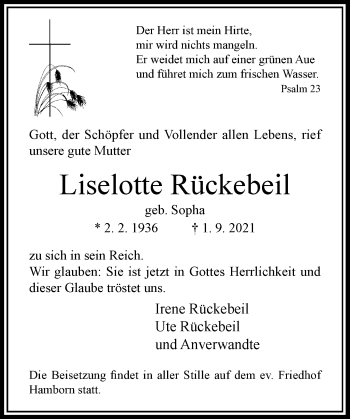 Traueranzeige von Liselotte Rückebeil von Rheinische Post