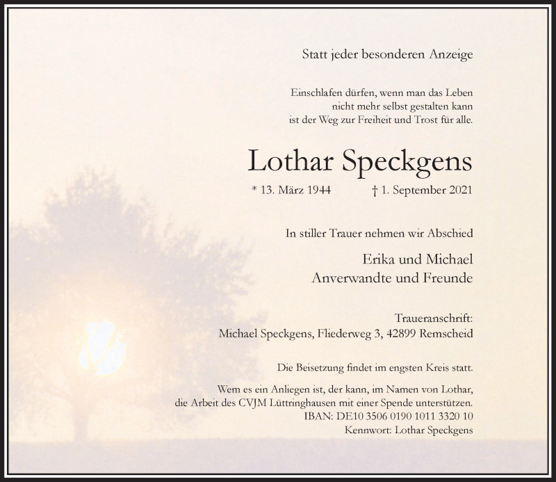  Traueranzeige für Lothar Speckgens vom 16.09.2021 aus Rheinische Post