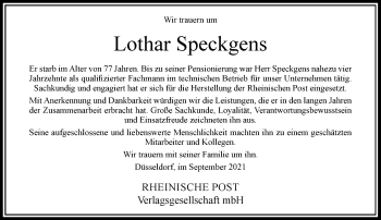 Traueranzeige von Lothar Speckgens von Rheinische Post