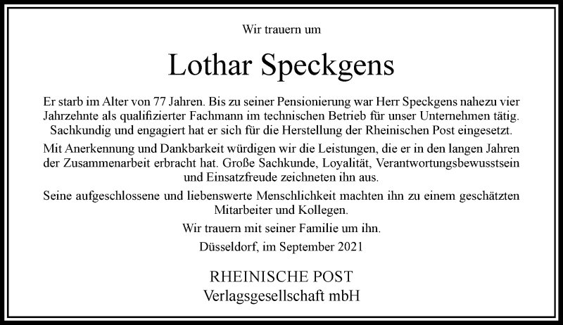  Traueranzeige für Lothar Speckgens vom 25.09.2021 aus Rheinische Post