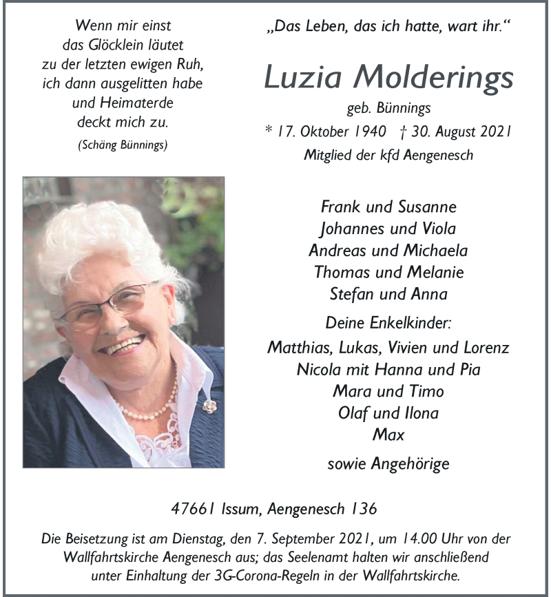  Traueranzeige für Luzia Molderings vom 04.09.2021 aus Rheinische Post