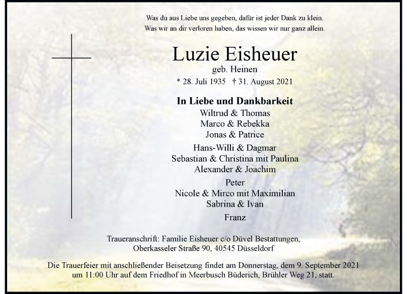  Traueranzeige für Luzie Eisheuer vom 04.09.2021 aus Rheinische Post