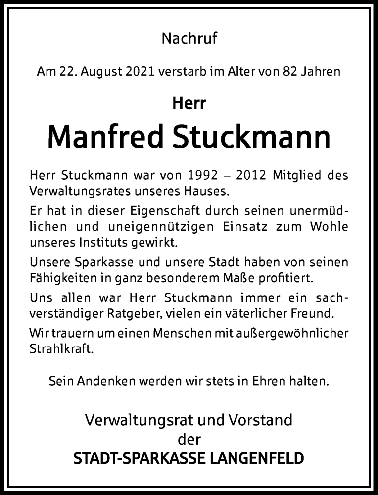  Traueranzeige für Manfred Stuckmann vom 04.09.2021 aus Rheinische Post