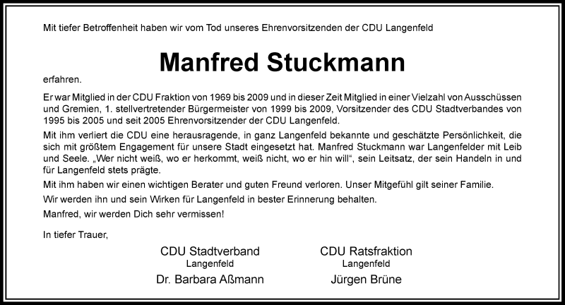  Traueranzeige für Manfred Stuckmann vom 04.09.2021 aus Rheinische Post