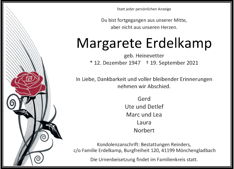  Traueranzeige für Margarete Erdelkamp vom 25.09.2021 aus Rheinische Post