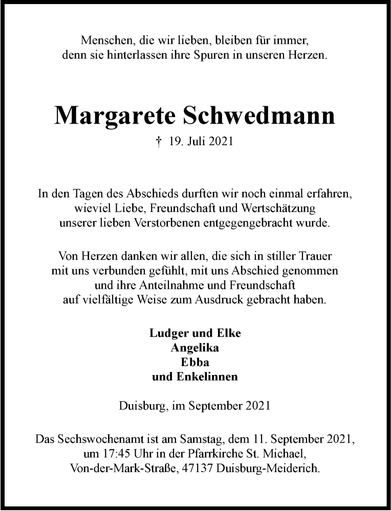  Traueranzeige für Margarete Schwedmann vom 04.09.2021 aus Rheinische Post