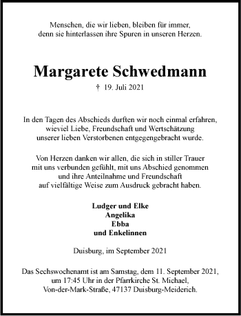 Traueranzeige von Margarete Schwedmann von Rheinische Post
