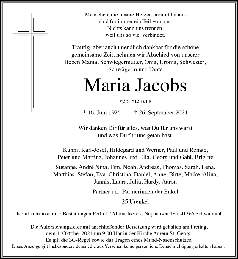  Traueranzeige für Maria Jacobs vom 28.09.2021 aus Rheinische Post