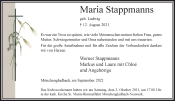 Traueranzeige von Maria Stappmanns von Rheinische Post