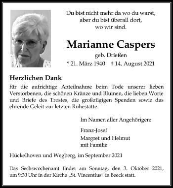 Traueranzeige von Marianne Caspers von Rheinische Post