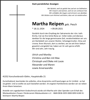 Traueranzeige von Martha Reipen von Rheinische Post