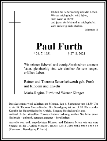 Traueranzeige von Paul Furth von Rheinische Post