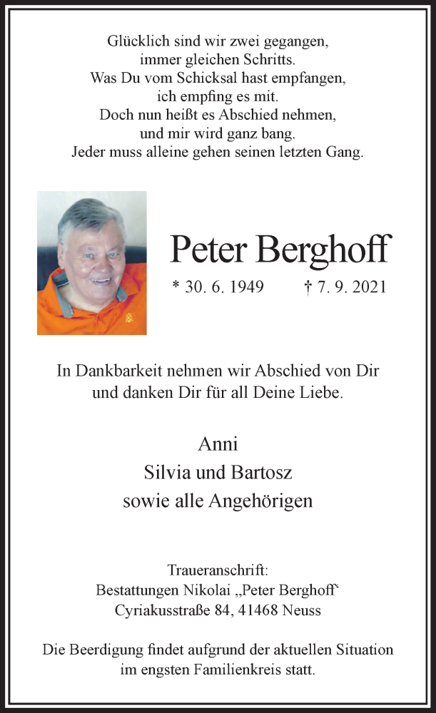  Traueranzeige für Peter Berghoff vom 11.09.2021 aus Rheinische Post