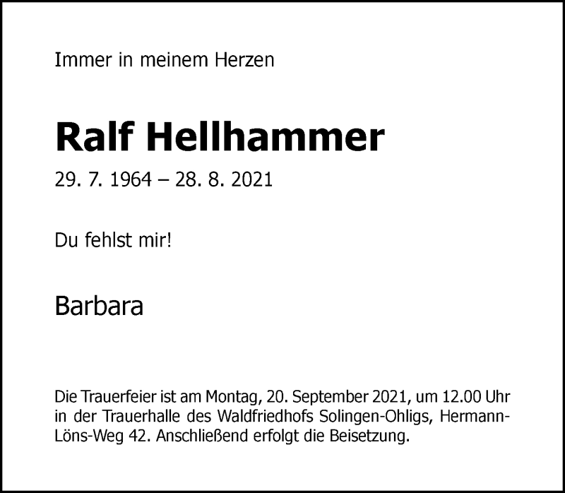  Traueranzeige für Ralf Hellhammer vom 11.09.2021 aus Rheinische Post