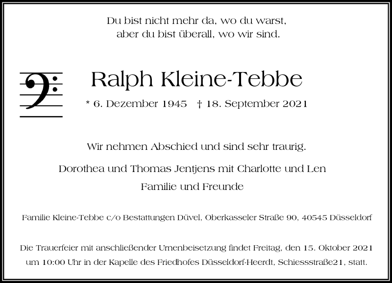  Traueranzeige für Ralph Kleine-Tebbe vom 25.09.2021 aus Rheinische Post