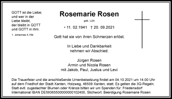 Traueranzeige von Rosemarie Rosen von Rheinische Post
